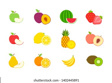 Gran surtido de frutas y bayas. Frutos de verano. manzana de fruta, pera, fresa, naranja, melocotón, ciruela, plátano, sandía, piña, kiwi, limón. Colección vectorial de frutas. Ilustración vectorial.