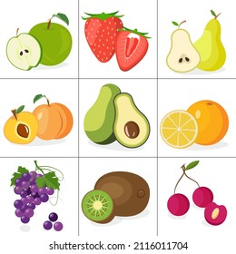 Big set of fruits and berries. Vector elements. Icons. Fruit set: apple, orange, pear, grape, cherry, strawberry, avocado, peach.
