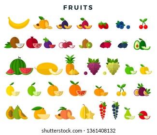 Big set of fruits and berries, whole and slices. Beautiful compositions of fruits and berries for food package design, banner, flyer, icons. Vector illustration, isolated on white background.