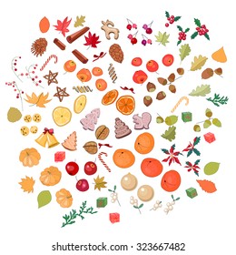 Big set with fruits, cookies, berries,spice, nuts and candies isolated on white.  For season design, announcements, postcards, posters.