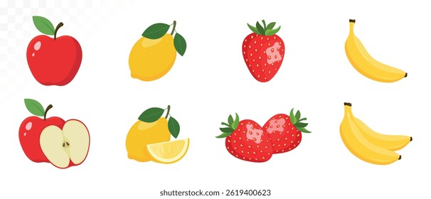 Big set of fruits isolated on white background. Whole and half fruits including apple, strawberry, lemon, pear, and banana. Flat style vector illustration for food, healthy eating, and design projects
