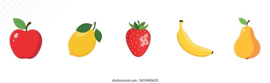 Grande conjunto de frutas isoladas no fundo branco. Frutos inteiros e metades, incluindo maçã, morango, limão, pera e banana. Ilustração de vetor de estilo plano para alimentos, alimentação saudável e projetos de design