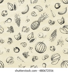 Big set of fruits. Seamless pattern. Hand drawn elements. Vector illustration.