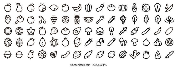 Big Set of Fruits and Vegetable Icon (Bold outline version)