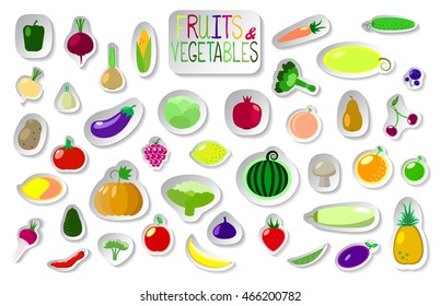 Big set of fruits and vegetables in flat style with shadow. Summer or vegetarian food. Collection of vegetables and fruit patches, icons, stickers for product package design or labels.