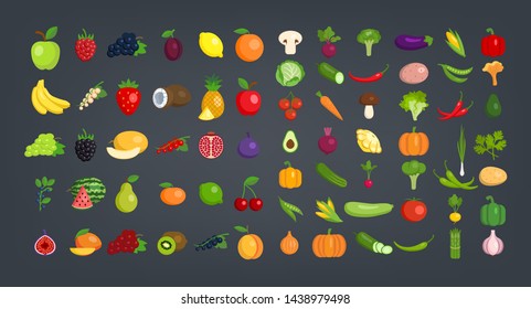 Big Set of fruits and vegetables. On black background