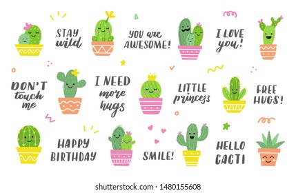 Big set with fun cacti and hand lettering quotes. Ideal for stickers, prints and postcards. Vector illustration.