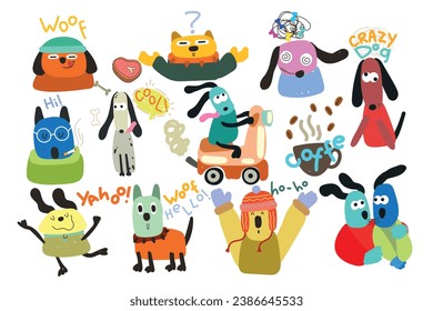 Big set with fun dogs in different poses on white background. Doodle. Vector illustration.