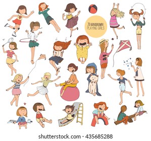 Big set of fun kids illustrations in various summer activities on playground. Girls playing outdoors, smiling, hugging, jumping. Vector children isolated on white background picture, hand-drawn.