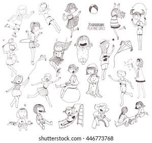 Big set of fun kids illustrations in various summer activities on playground. Girls playing outdoors, smiling, hugging, jumping. Vector isolated on white background picture, hand-drawn with liquid ink