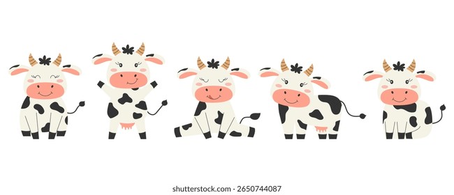 Big set of funny cartoon cow characters. Farm animals. Vector illustration.