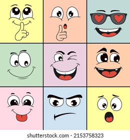 Big set of funny cartoon emoticon icons. Cute fun emoji smiley collection. Vector illustration.