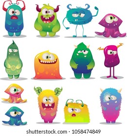 big set of funny cartoon happy colorful monsters