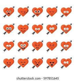 Big set funny cartoon heart character emotions set