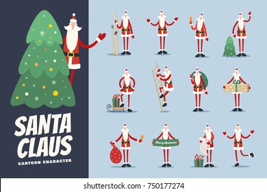 Big set of funny cartoon Santa Claus in various hilarious poses. Merry christmas design elements. Vector Illustration.
