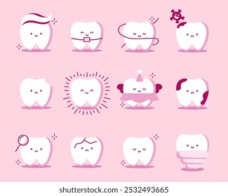 Grande conjunto de dentes de desenho animado engraçado. Coleção de mascotes Kawaii. Dentes saudáveis e doentes. Coleção de dentes com emoções diferentes. Modelos para odontologia pediátrica, para sítios Web e redes sociais.