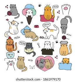 Big set of funny cats. Hand drawn vector illustration with adorable kittens. Doodle illustration for greeting cards, posters and stickers.