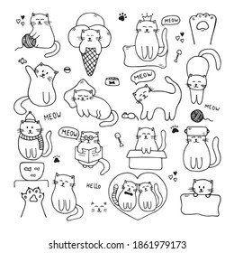 Big set of funny cats. Hand drawn vector illustration with adorable kittens. Doodle illustration for greeting cards, posters and stickers.