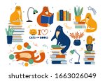 Big set of funny cats are literary fans. Cute animals lovers of literature. Cartoon cats read and sit on a large stack of books. Hand drawn Scandinavian vector illustration. Handwritten lettering