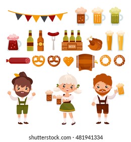 Big set of funny characters and icons in a flat style Oktoberfest. Girls and boys in folk costumes. Set of beer mugs, barrel, bottle, sausage, snacks and other attributes of the Oktoberfest.