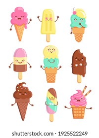 Big set of funny cheerful,friendly ice cream characters.Sweet kawaii smiling summer delicacy,tasty sundaes,gelatos with different tasties for kids designs and decorations, isolated on white. Vector.