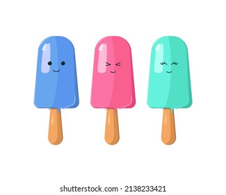 Big set of funny cheerful,friendly ice cream characters.Sweet kawaii smiling summer delicacy,tasty sundaes,gelatos with different tasties for kids designs and decorations, isolated on white. Vector.