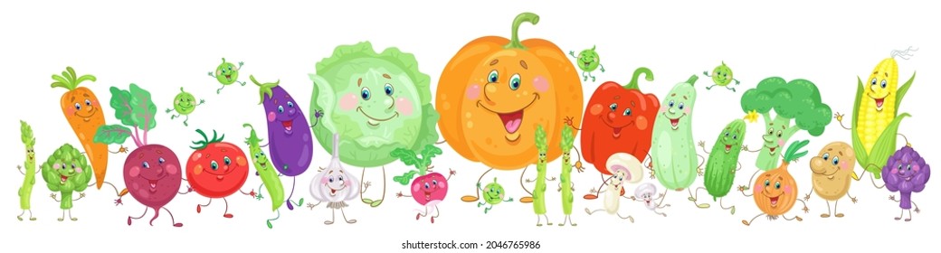 Big set of funny colorful vegetables. Banner in cartoon style. Isolated on white background. Vector flat illustration.