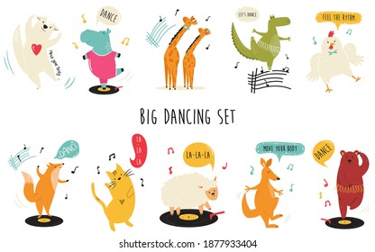 Big Set Of Funny And Cute Dancing Animals Crocodile, Otter, Chicken, Giraffes, Fox, Squirrel, Kangaroo, Bear, Cat, Sheep