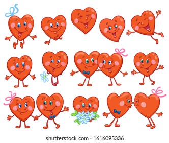 Big set of funny cute hearts isolated on white background. In cartoon style. For Valentine's day. Vector illustration.