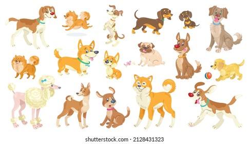 Big set of funny dogs of different breeds, poses and emotions. In cartoon style. Isolated on white background. Vector flat illustration.