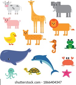Big set of funny domestic and wild animals, marine mammals, reptiles, birds and fish.Collection of cute cartoon characters isolated on white background. Colorful vector illustration in flat style.
