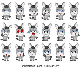 Big set of funny donkey in cartoon style in different standing poses and emotions isolated on white background