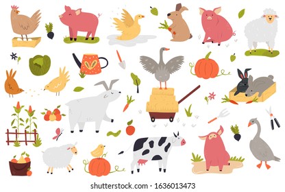 Big set of funny farm animals cow, piglet, rabbit, hen, goose, goat sheep
