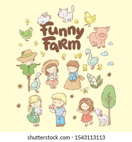 Big set with funny farm illustration/ animals, garden elements, child