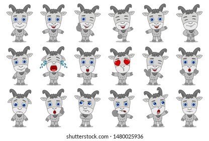 Big set of funny goats in cartoon style in different standing poses and emotions isolated on white background