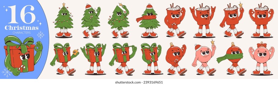 A big set of funny groovy Christmas characters. Hot cocoa, ball toy, Christmas tree, and gift box. Cool to use for posters, cards, and more. Merry Christmas and happy new year. Trendy cartoon style.