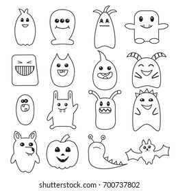 Big set of funny Halloween doodle monsters. Different bacteria, beasts, wolf, pumpkin, bat illustration. Can be used for coloring page, sticker, invitations and cards.