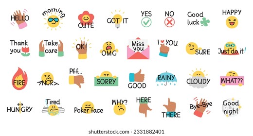 Gran conjunto de stickers graciosos. Colección de emoticones de dibujos animados para diseño de sitios web, aplicación móvil. Vector