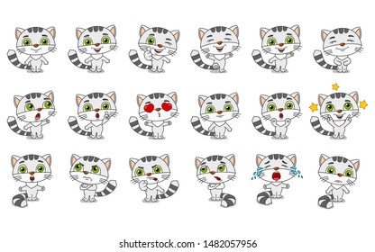 Big set of funny kitten cat in cartoon style in different standing poses and emotions isolated on white background