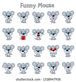 Big set of funny mouse in cartoon style in different poses and emotions isolated on white background