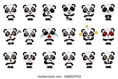 Big set of funny panda bear in cartoon style in different standing poses and emotions isolated on white background