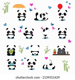 Big set of funny panda bear in cartoon style in different standing poses and emotions isolated on white background