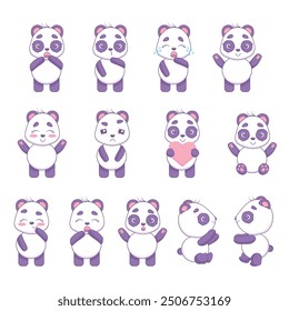 Big set of funny pandas with different emotions in kawaii style.Isolated vector illustration
