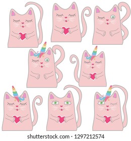 Big set funny pink cat unicorn. Concept of miracles and magic