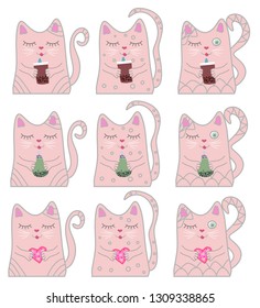 Big set funny pink cat unicorn. Concept of miracles and magic