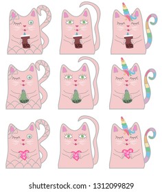 Big set funny pink cat unicorn. Concept of miracles and magic