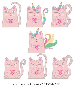 Big set funny pink cat unicorn. Concept of miracles and magic