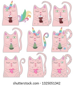 Big set funny pink cat unicorn. Concept of miracles and magic.