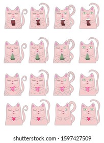 Big set funny pink cat. Concept of miracles and magic.
