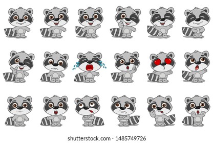 Big set of funny raccoon in cartoon style in different standing poses and emotions isolated on white background